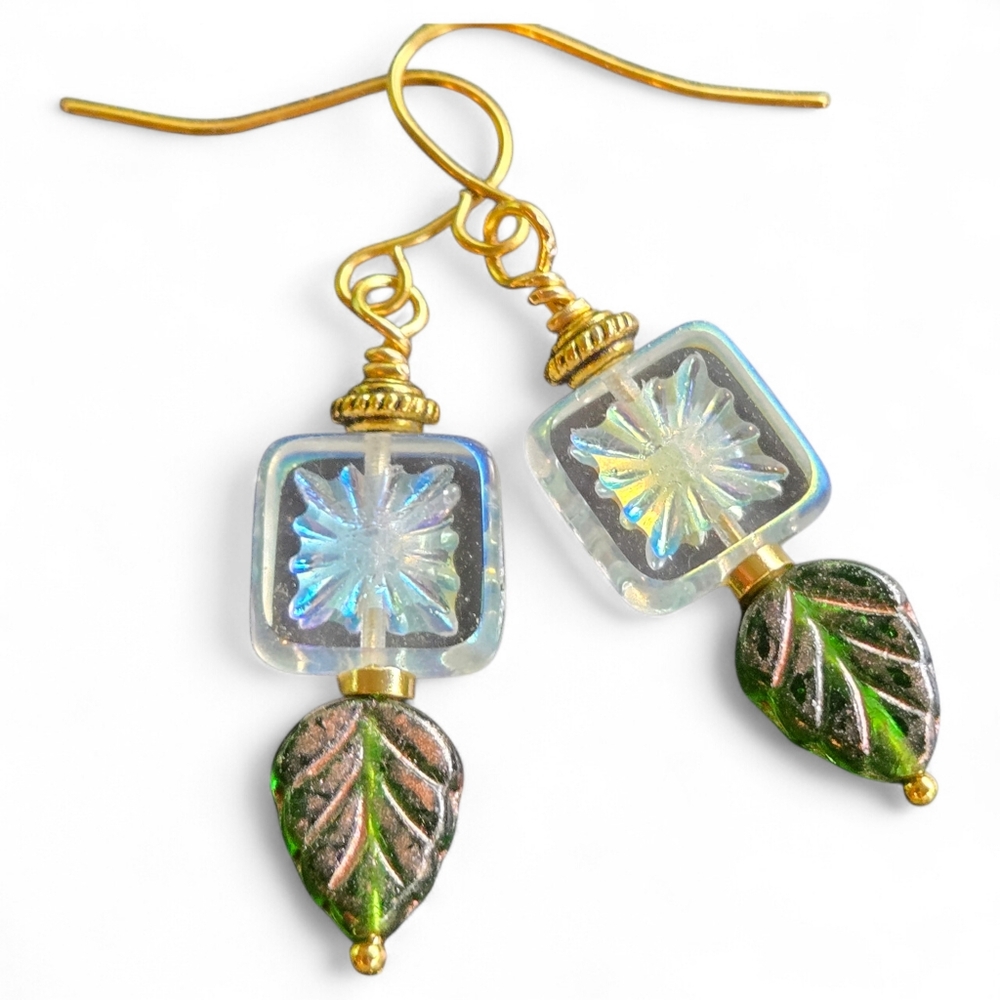 Tropical Leaf Vacation Summer Czech Glass Handmade Earrings Green